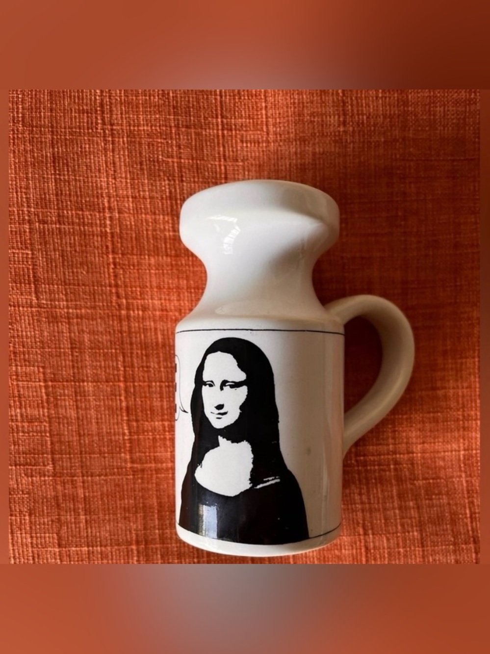 Vintage White ceramic cheese dispenser with Black Mona Lisa Print